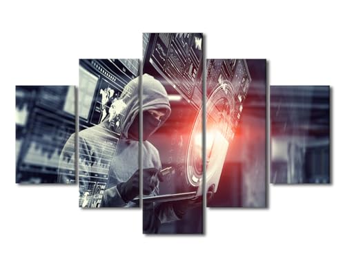 Privacy Crime Wall Art Network Security Bathroom Decor Wall Art 5 Pieces Hacker Holding Laptop Wall Decor Artwork for Home Walls Stretched and Framed Canvas Wall Art Ready to Hang (60"Wx40"H) - color: Artwork-05, size: 60"Wx40"H