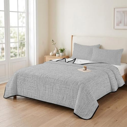 Modern Minimalist Gray Full Quilt Bedding Set,Summer Quilt Lightweight Quilted Coverlet with 2 Pillow Shams, Country Linen Style 3-Piece Bedspread Quilt Set for All Season - size: Full