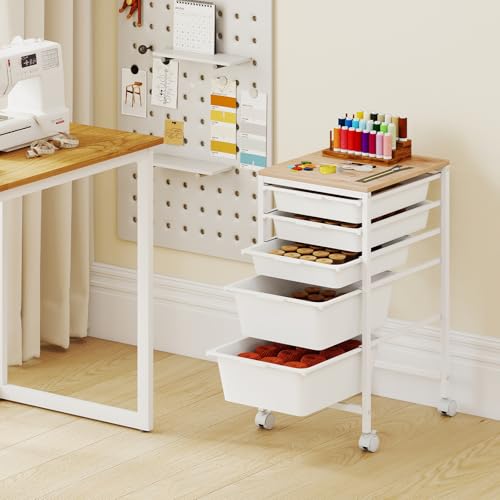 RELAX4LIFE 5-Drawer Rolling Storage Cart - Mobile Art Supply Craft Organizer on Wheels w/Wooden Tabletop & Metal Frame, Utility Storage Cart for Home Living Room Office Classroom (White, 25”H) - color: White, size: 25”H