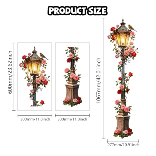 Streetlights and Roses Wall Decals, Wall Stickers Decor | 2 Sheets 11.8"x37.8" Vinyl Removable Peel and Stick Murals, Plant Decor for Bedroom, Bathroom, Office, Classroom & Home - style: Streetlights and Roses