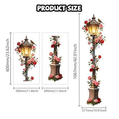 Streetlights and Roses Wall Decals, Wall Stickers Decor | 2 Sheets 11.8"x37.8" Vinyl Removable Peel and Stick Murals, Plant Decor for Bedroom, Bathroom, Office, Classroom & Home - style: Streetlights and Roses