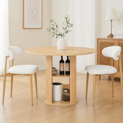 3-Piece Round Dining Table Set for 2-4, Walnut，47-Inch Farmhouse Kitchen Table with 2-Tier Storage Shelf and Two Beige upholstered Chairs for Apartments and Breakfast nooks (Natural) - color: Natural