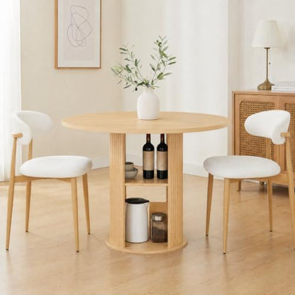 3-Piece Round Dining Table Set for 2-4, Walnut，47-Inch Farmhouse Kitchen Table with 2-Tier Storage Shelf and Two Beige upholstered Chairs for Apartments and Breakfast nooks (Natural) - color: Natural