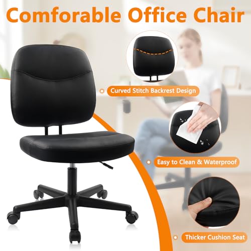 CLATINA Armless Home Office Chair,Small PU Leather Ergonomic Low Back Desk Chair with Lumbar Support and Wheels, Adjustable Height 360° Swivel Rolling Computer Task Chair, Black, 2 Pack - color: Black-heihu, size: 2 Pack