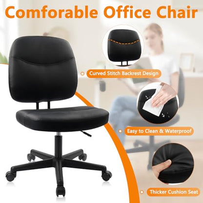 CLATINA Armless Home Office Chair,Small PU Leather Ergonomic Low Back Desk Chair with Lumbar Support and Wheels, Adjustable Height 360° Swivel Rolling Computer Task Chair, Black, 8 Pack - color: Black-heihu, size: 8 Pack