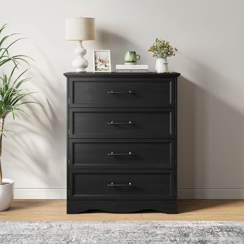 YANSNWO Black 4 Drawer Dresser for Bedroom, 36" Tall Chest of Drawers | Brushed Metal Handles, Unique Base Design, Replicated Wood Grain Finish, Modern Farmhouse for Bedroom/Living Room/Hallway - color: Black, size: 15.7"D x 29.5"W x 35.8"H (4 Drawers)