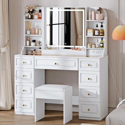 Arulvmrn 43" Makeup Vanity Desk with Mirror and Lights, & Power Outl, Glass Top Big Vanity Table with 9 Drawers& 8 Storage Shelves, Dressing Table Set with Chair for Bedroom, White - color: White