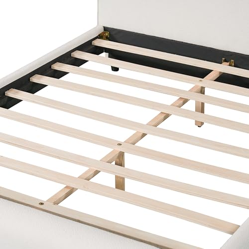 Merax Queen Size Luxury Bouclé Upholstered Bed Frame, White | Modern Curved Platform Bed with Rounded Headboard & Footboard, No Box Spring Needed, Solid Wood Slats Support, Easy Assembly - size: Queen