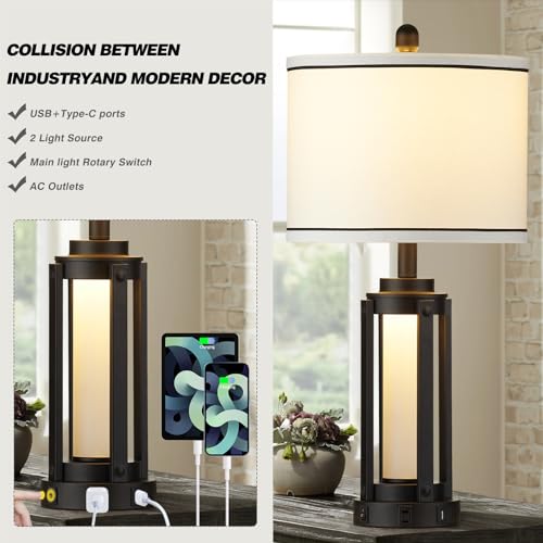 Industrial Table Lamps Set of 2, Modern Beside Lamp with USB A+C Charging Ports & AC Outlet, Rustic Nightstand Lamp with LED Night Light for Living Room Bedroom End Table Entryway Black Bulbs Included - color: Black-4