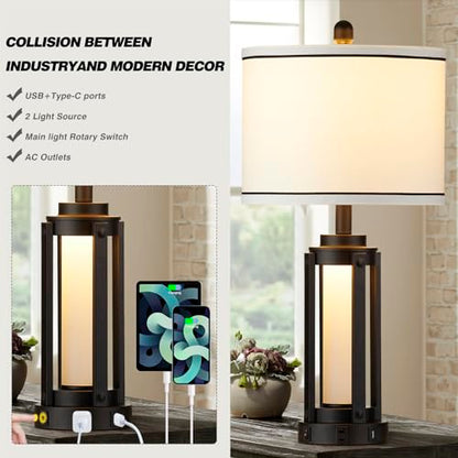 Industrial Table Lamps Set of 2, Modern Beside Lamp with USB A+C Charging Ports & AC Outlet, Rustic Nightstand Lamp with LED Night Light for Living Room Bedroom End Table Entryway Black Bulbs Included - color: Black-4