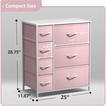 Sorbus Dresser with 7 Drawers - Furniture Storage Chest for Kid’s, Teens, Bedroom, Nursery, Playroom, Clothes, Toys - Steel Frame, Wood Top, Tie-dye Fabric Bins (7-Drawer, Pastel Pink) - color: Pastel Pink