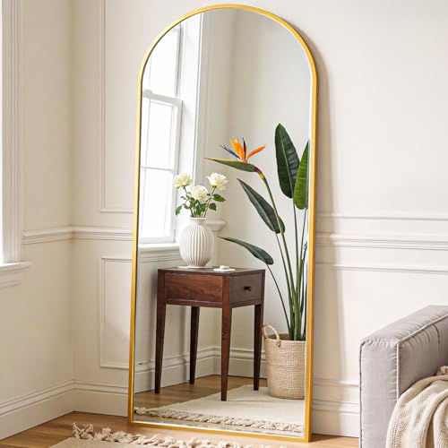 OLIXIS 64"x21.5" Arched Full Length Mirror with Stand, Body Mirror | Shatter-Proof Glass, Hanging or Leaning for Wall, Floor Standing, Bedroom Living Room, Long, Gold - color: Gold-arched, size: 64"L x 21.5"W