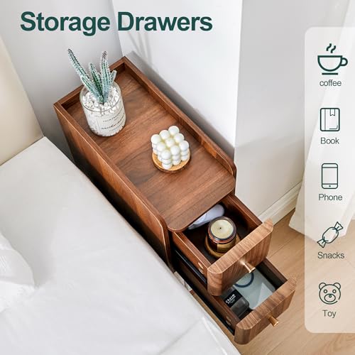 Narrow Nightstand Set of 2, Wooden Small 2 Drawer Nightstand, Slim Side End Table, Skinny Bedside Table, Mid Century Modern Night Stand with Drawers for Bedroom (Walnut-1 pc) - color: Walnut-1 Pc