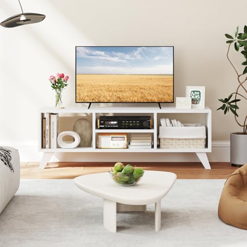 GIANTEX White TV Stand for TVs up to 55", 4-Cubby Modern Entertainment Center with Open Storage Shelves, Wood Media Console Table for Living Room, Bedroom