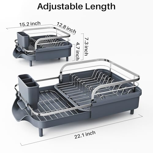 SNTD Expandable Dish Drying Rack for Kitchen Counter, 15.2-22.1 in, Gray | Rust-Resistant Stainless Steel, Protective Side Rails, Self-Draining Drainboard, Removable Utensil Holder - color: Gray