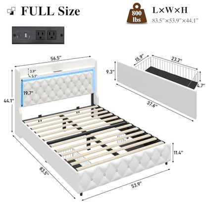 Full Bed Frame with LED Lights & Charging Station, Upholstered Bed Frame Full Size with Storage Headboard & 2 Drawers, Diamond Tufted, Curved Wingback, PU Leather, No Box Spring Needed, White - color: White, size: Full