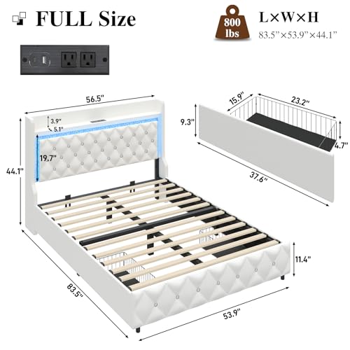 Full Bed Frame with LED Lights & Charging Station, Upholstered Bed Frame Full Size with Storage Headboard & 2 Drawers, Diamond Tufted, Curved Wingback, PU Leather, No Box Spring Needed, White - color: White, size: Full