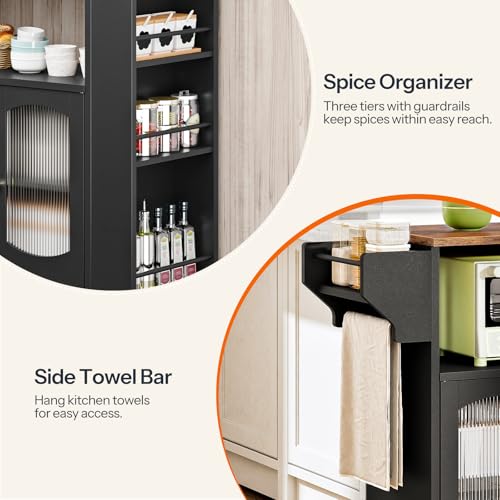 HOOBRO Kitchen Island with Power Outlet, Rolling Kitchen Island with Glass Doors and Open Storage Shelf, Island Table with Spice Rack, Towel Rack for Kitchen, Rustic Brown and Black BF53UZD01