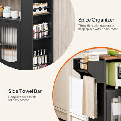 HOOBRO Kitchen Island with Power Outlet, Rolling Kitchen Island with Glass Doors and Open Storage Shelf, Island Table with Spice Rack, Towel Rack for Kitchen, Rustic Brown and Black BF53UZD01