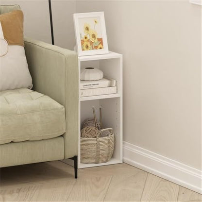 Pemberly Row 2-Tier Narrow Bookcase, 9.3 D x 9.8 W x 21.8 H Inches, Engineered Wood, White Finish, Adjustable Shelving, Slim Rectangular Design, Compact Living Room, Bedroom, or Home Office Storage