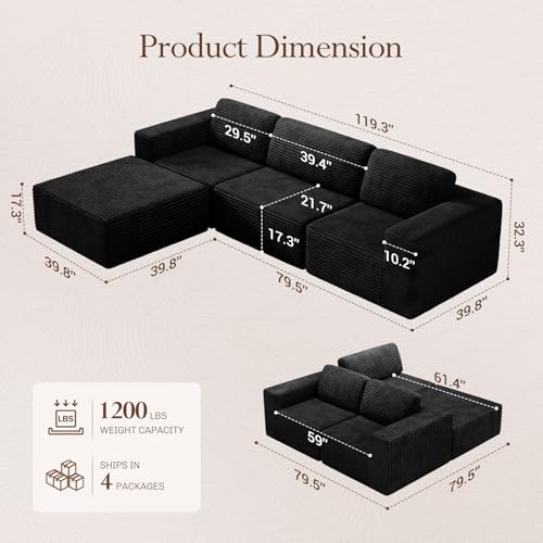 Vesgantti 119" L-Shaped Modular Sectional Sofa, Corduroy Cloud Couch with Deep Seating & Spring Support, Flexible Layout Sofa with Ottoman, Boneless Style, No Assembly Required, Black - color: 119" - 3 Seater & Ottoman Black