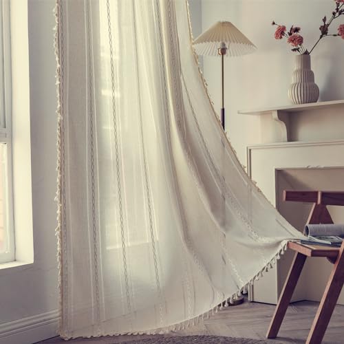 Deeprove Ivory Boho Curtain 63 Inches Length for Kitchen Closet Cafe Decor, Bohemian Hollow Chic Style Tassels, Vintage Farmhouse Country French Window Treatment Drape, Rod Pocket, 1 Panel W52x L63 - color: Ivory, size: 52"W x 63"L (Pack of 1)