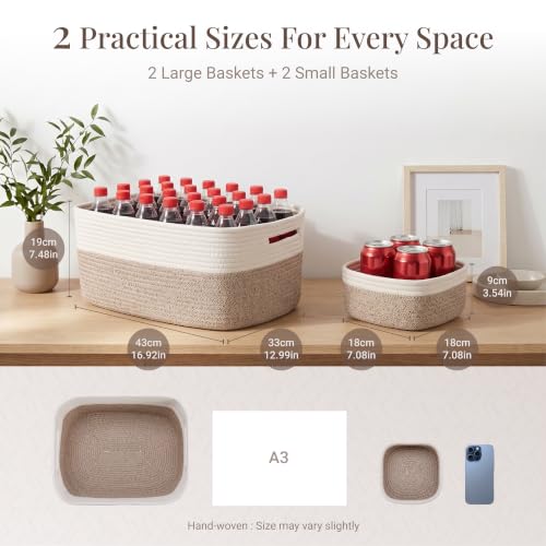 4-Pack Large Woven Rope Storage Baskets, 2 Sizes Organizer Bins | Fabric Cube Boxes and Rectangular Shallow Bins for Closet, Shelf, Bookshelf, Nursery, Changing Table, Bathroom, Toys & Home - color: natural & white, size: 2pcs-16.92*12.99*7.08'' & 2pcs-7.