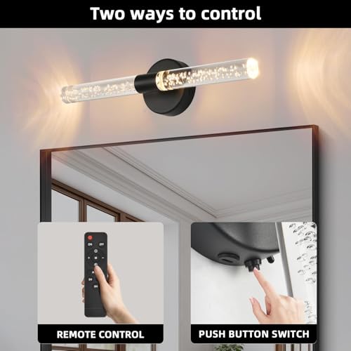 Battery-Operated Wall Sconces Set of 2, Black 20'' Rechargeable Crystal Bubble Wall Sconce with Remote Control, 3000K-6000K Dimmable LED Wireless Wall Lights for Living Room Bedroom Hallway - color: Black