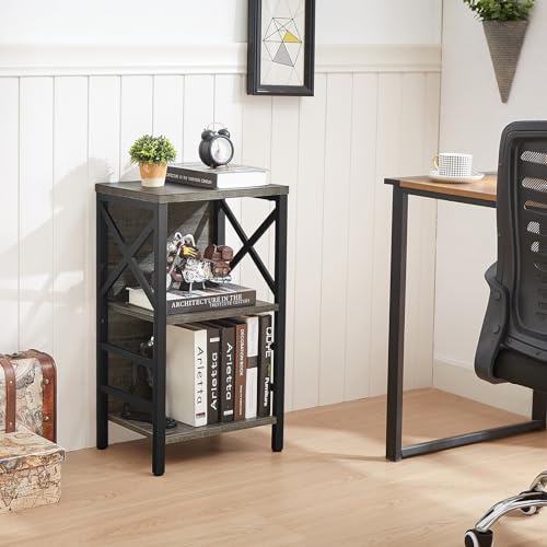 MNEETRUNG Small Bookcase,3 Tier Industrial Bookshelf with Metal Frame and Backboard,Low Grey Book Shelf,Book case for Small Spaces,Living Room,Bedroom and Home Office - color: Grey, size: 3-Tier (15.7"W x 11.8"D x 27.6"H)