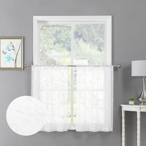 Tollpiz White Leaf Sheer Tier Curtain Kitchen 30 x 36 Inches | Leaves Embroidered Curtains Rod Pocket Voile Bathroom Window Treatment for Cafe, Set of 2 Panels - color: White, size: 30"W x 36"L (Pack of 2)