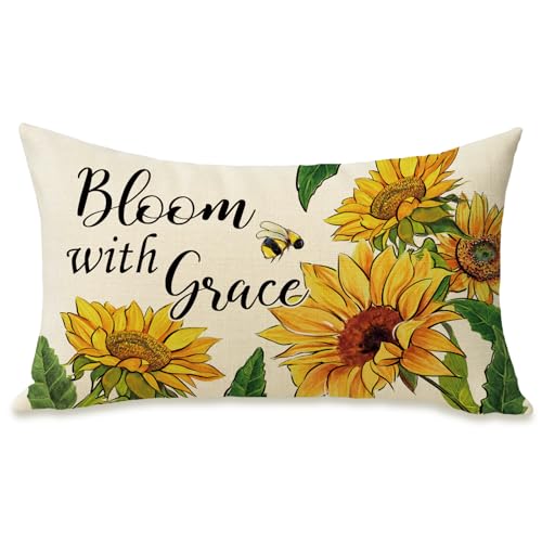 Fahrendom Spring Summer Sunflower Lumbar Decorative Rectangle Pillow Cover | 12 x 20, Fall Autumn Flower Bee Porch Patio Outdoor Pillowcase, Bloom with Grace Floral Sofa Couch Cushion Case Home Decor - color: Sunflower, size: 20" x 12" (Pack of 1)