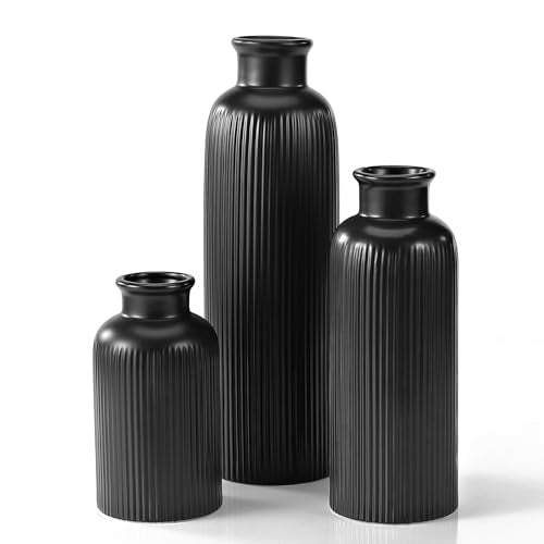 Small Black Ceramic Vase Set of 3, Boho Modern Black Flower Vase Room Decor, Farmhouse Decor, Vases for Your Kitchen, Bathroom, Bedroom, Living Room, Office&Shelf Centerpiece Table Decorations - color: Black