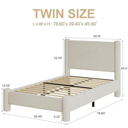 REVOMINCA Twin Boucle Bed Frame with Headboard & Footboard, Cream | Upholstered platform frame has soft rounded corners, needs no box spring, and offers easy assembly. - color: Cream, size: Twin