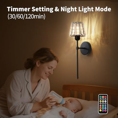 Battery Operated Crystal Wall Sconce Set of 2, Black Rechargeable Wireless Wall Sconces with Remote Dimmable 12 Colors Modes Led Wall Lights, Wall Lamp for Bedroom Living Room Hallway 2 Bulbs Included - color: Black
