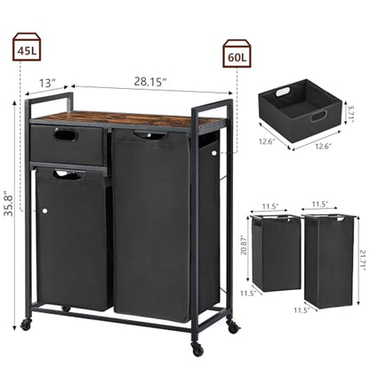 Zevemomo Large Rustic Brown & Black Laundry Basket with Wheels, 3 Compartments, 60L Capacity, Floor Mount, Laundry Room & Bathroom