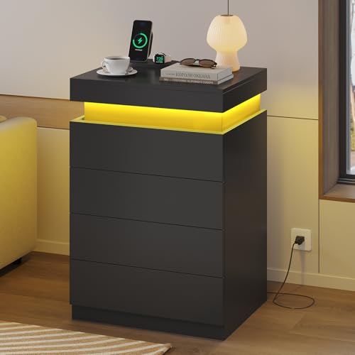 ADORNEVE Black Large Modern Night Stand Set of 2 | Tall Nightstand with Charging Station & LED Light & Sliding Top,Bedside Table with Drawers,Bed Side Tables Bedroom - color: Black, size: 2PC