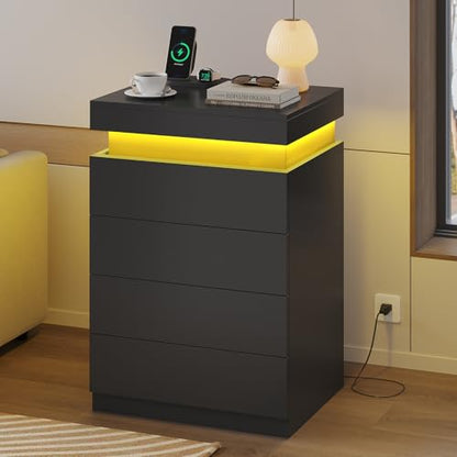 ADORNEVE Black Large Modern Night Stand Set of 2 | Tall Nightstand with Charging Station & LED Light & Sliding Top,Bedside Table with Drawers,Bed Side Tables Bedroom - color: Black, size: 2PC
