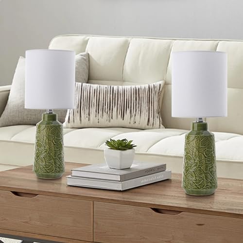 17.75" Green Ceramic Lamps Set of 2 with Leaves Design, Small Table Lamps | Green Table Lamps, Leaf-Patterns Ceramic Lamp, Retro Small Lamp for Living Room, Bedroom, Green Lamps for Nightstand Set of 2