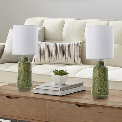 17.75" Green Ceramic Lamps Set of 2 with Leaves Design, Small Table Lamps | Green Table Lamps, Leaf-Patterns Ceramic Lamp, Retro Small Lamp for Living Room, Bedroom, Green Lamps for Nightstand Set of 2