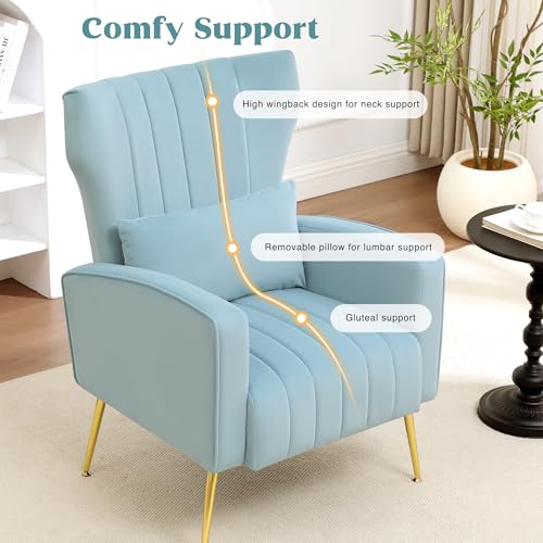 Modern Accent Chairs Set of 2 Upholstered Living Room Chairs,High Back Arm Chairs with Metal Legs Lumbar Reading Chair for Bedroom, Apartment, Small Spaces Sky Blue - color: Sky Blue, size: Set of 2