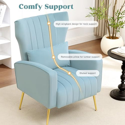 Modern Accent Chairs Set of 2 Upholstered Living Room Chairs,High Back Arm Chairs with Metal Legs Lumbar Reading Chair for Bedroom, Apartment, Small Spaces Sky Blue - color: Sky Blue, size: Set of 2