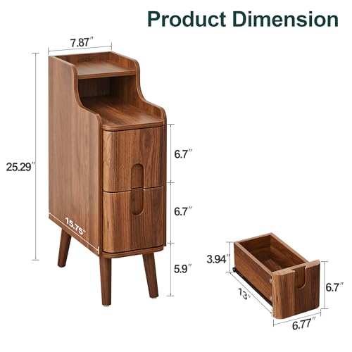 FurSch Narrow Nightstand, Wooden 2 Drawer, Walnut, 1 pc - color: Walnut 3-1 Pc
