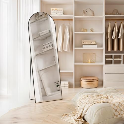 Arched Mirror Full Length, 16"x59" Body Wall Mirrors with Shatter-Proof Glass, Floor Standing, Hanging or Leaning, Tall Arch Mirror with Stand Aluminum Alloy Frame for Bedroom Cloakroom - color: Black, size: 59"L x 16"W, style: Arched