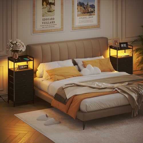 Nightstand with Charging Station,LED,5 Drawers Dresser for Bedroom | Tall Bedside Table,Dorm Night stand with LED Light & Remote Control, Metal Frame and Fabric Bins,Wood Desk Top,Easy Assemble - color: Black Oak, style: 5 Drawer