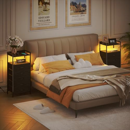 Nightstand with Charging Station,LED,5 Drawers Dresser for Bedroom | Tall Bedside Table,Dorm Night stand with LED Light & Remote Control, Metal Frame and Fabric Bins,Wood Desk Top,Easy Assemble - color: Black Oak, style: 5 Drawer