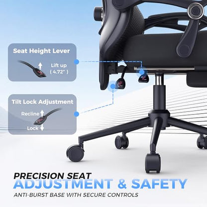 CYKOV Ergonomic Office Chair, Reclining, Footrest, Adjustable Lumbar, 350LB | 4-Way Headrest (4.72" + 60°), 2-Way Lumbar (2" + 1.18"), 90-135° Recline, Breathable Mesh, Gaming & Office, 5-Year Warranty - color: Black