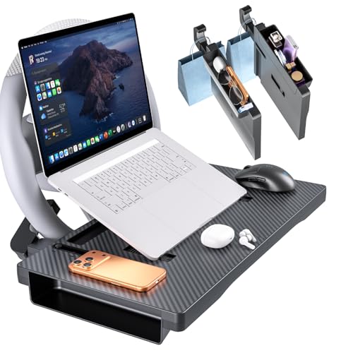 2-in-1 Car Steering Wheel Desk & Seat Gap Organizer Filler Tray | Foldable Adjustable Height Car Desk for Laptop Computer Tablet, Eating - Portable Table for Car Workstation Truck SUV Tesla
