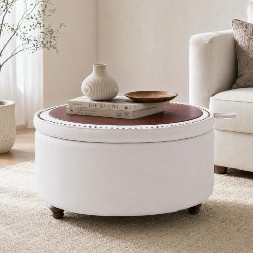 30" Round Storage Ottoman Coffee Table, Tufted Lid & Wood Top, Beige | Nailhead Trim Solid Wood Legs Extra Large Footrest Linen-Like Fabric - color: Beige