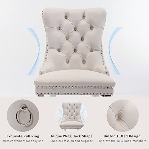 Beige Velvet Dining Chairs Set of 6, Tufted Kitchen & Dining Room Chairs | Six Fabric Dinning Chairs, Velvet Upholstered, Wing Back, Metal Pull Ring, Chrome Legs, Wood Frame, Mid Century Modern - color: A-3 Beige Velvet, Silver Legs, size: 6