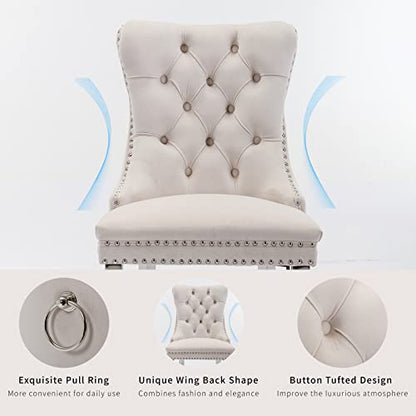 Beige Velvet Dining Chairs Set of 8, Tufted Kitchen & Dining Room Chairs | Eight Fabric Dinning Chairs, Velvet Upholstered, Wing Back, Metal Pull Ring, Chrome Legs, Wood Frame, Mid Century Modern - color: A-3 Beige Velvet, Silver Legs, size: 8